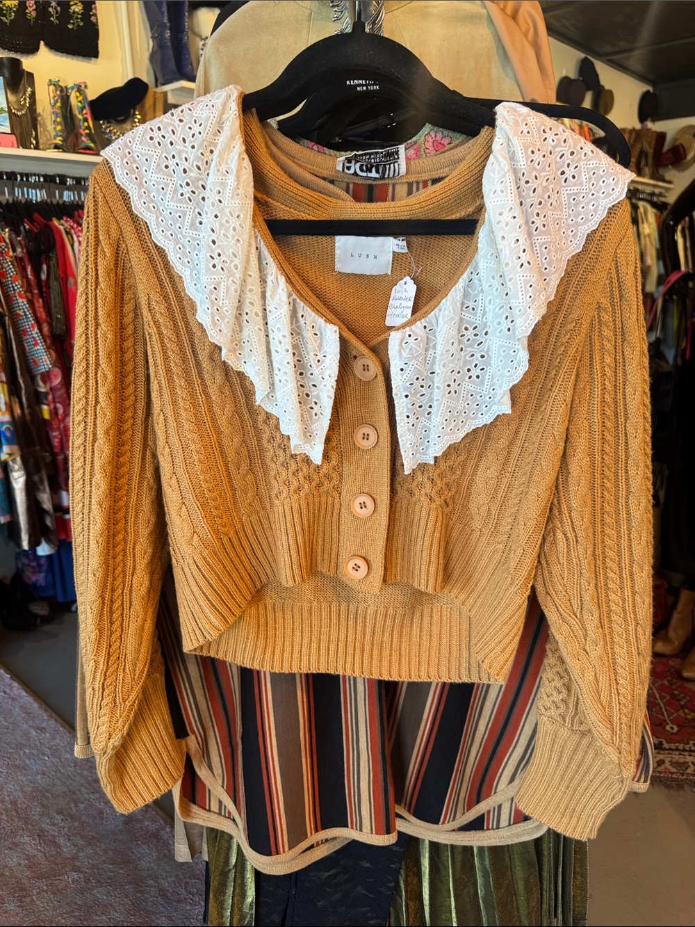 Lush Mustard Cable-Knit Cropped Button-Down with White Eyelet Collar